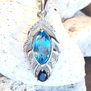 Swiss Blue Topaz & Sapphire .925 Pendant Natural Gemstones Sterling Silver